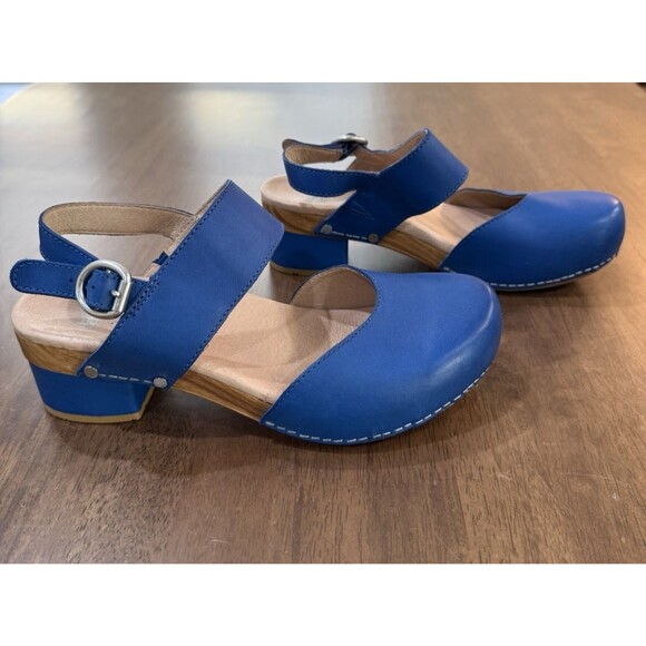 Dansko Malin Blue Leather Clog Sandals Wood Platform Block Heel 39 US 8.5- 9 - Picture 2 of 12